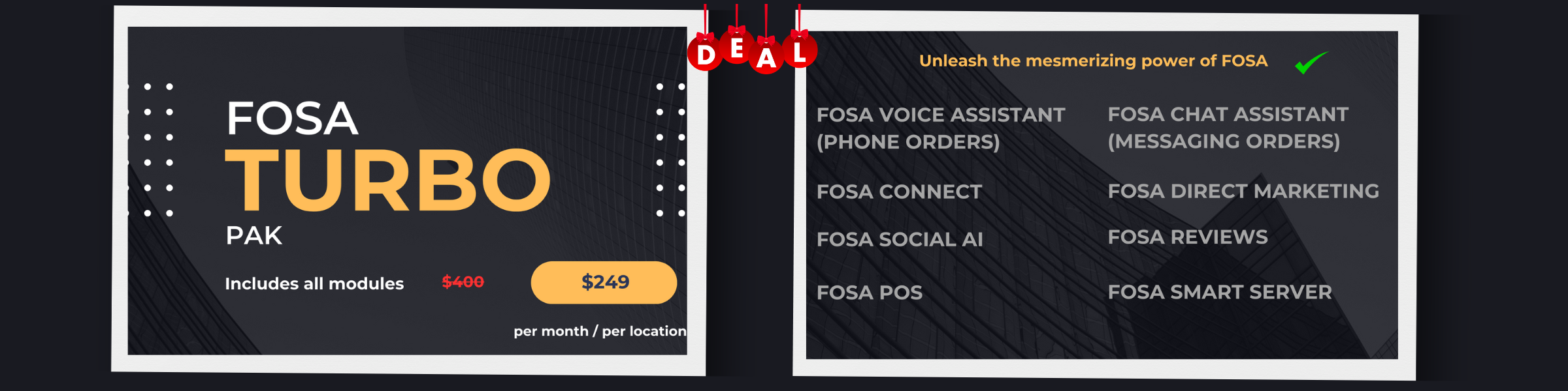 FOSA Turbo Pack is an all inclusive subscription plan for FOSA that offers restaurants the full power of FOSA  AI at a very affordable cost.